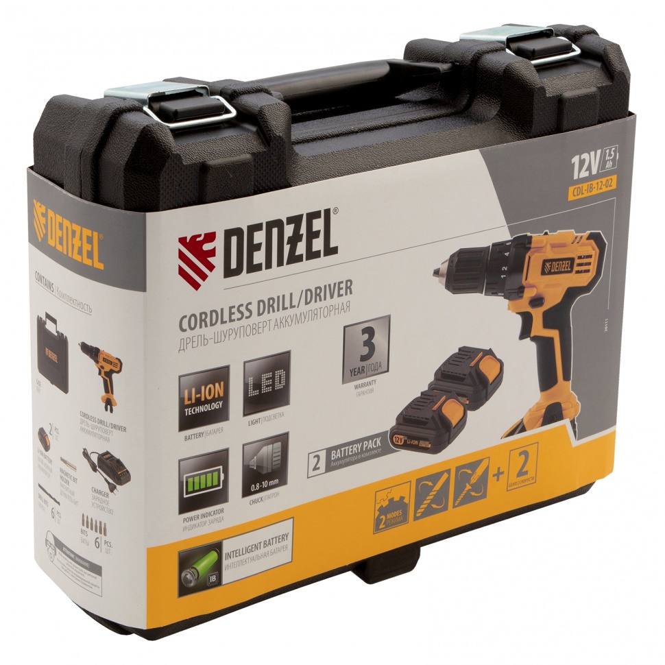 Дрель-шуруповерт аккумуляторная CDL-IB-12-02, Li-Ion, 12 В, 1.5 А*ч, 2 аккумулятора Denzel (26111)