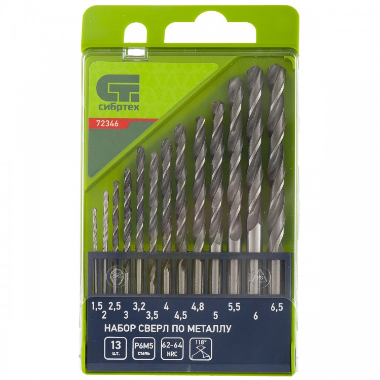 Набор сверл по металлу, 1.5-6.5 мм, 13 шт, Р6М5, пластиковый кейс, Сибртех (72346)