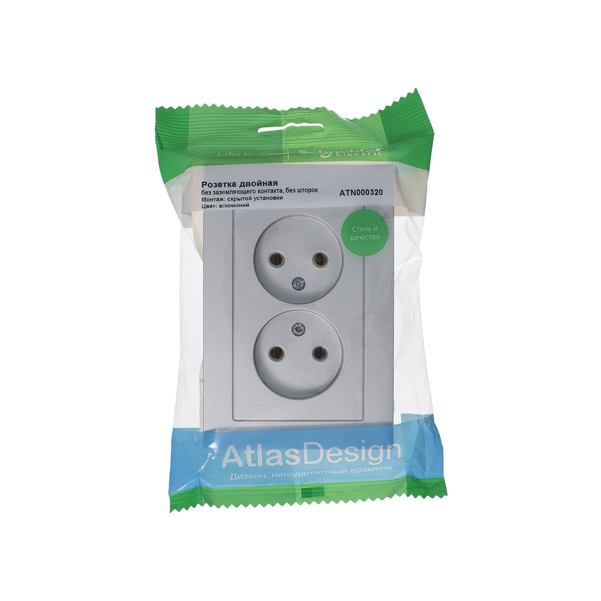 Розетка "atlasdesign" 2-х местн. 16а, алюминий (1/6/36) "schneider"