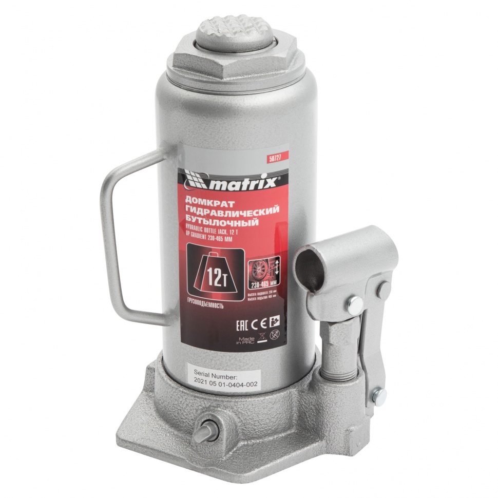 Домкрат гидравлический бутылочный, 12 т, высота подъема 230-465 мм Matrix (50727)