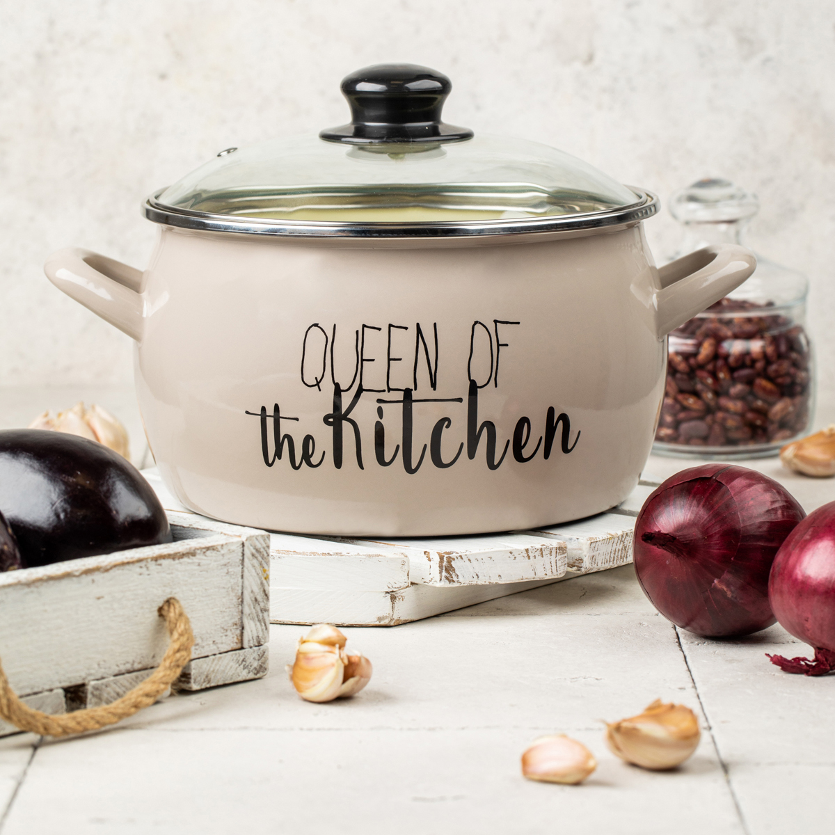 Кастрюля эмалиров. "queen of kitchen" 5,4 л, 22 см стекл. крышка (1/4) "metrot"