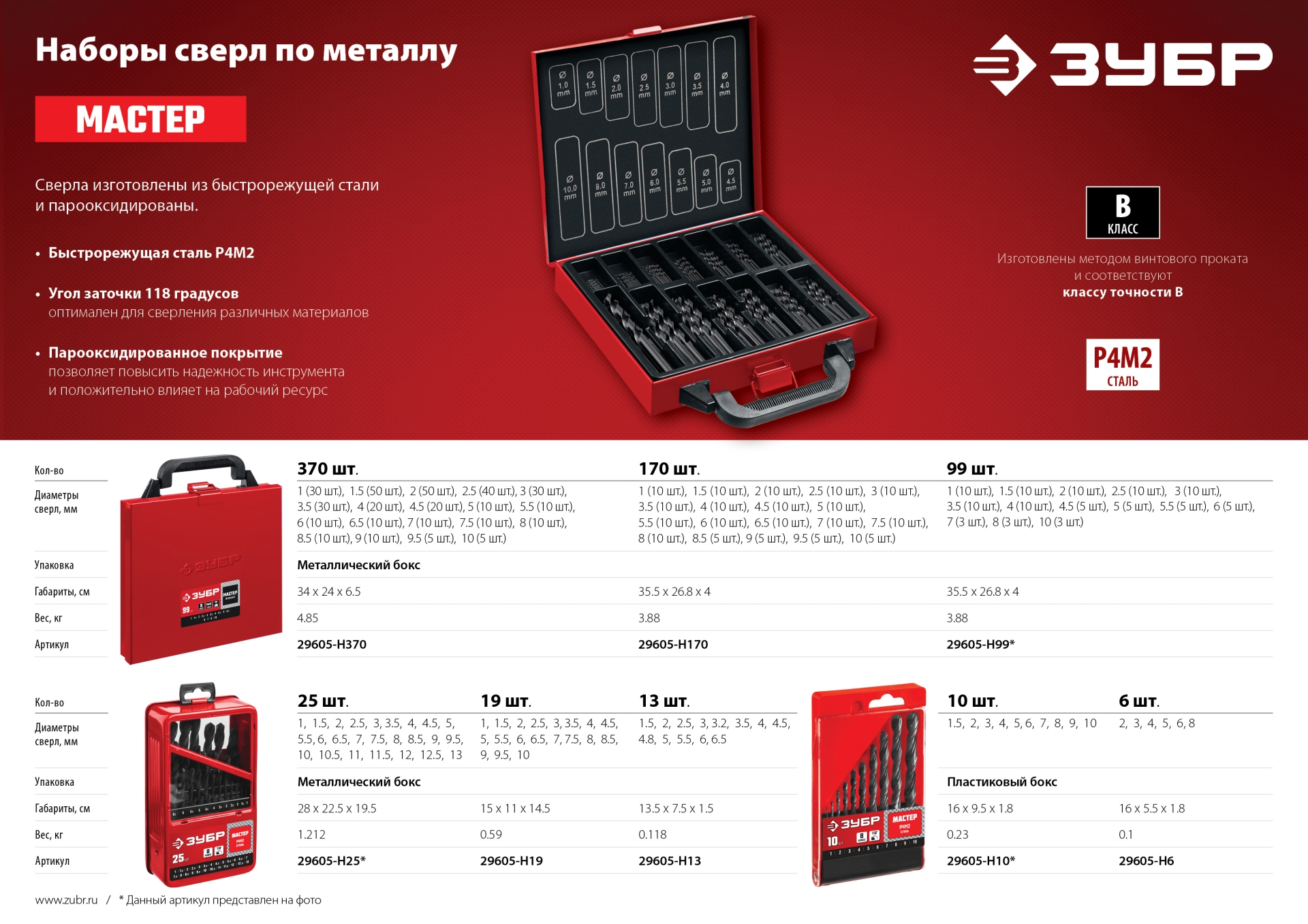 ЗУБР 99 шт, (1-10 мм), сталь Р4М2, класс В, мет.бокс, набор сверл по металлу (29605-H99)