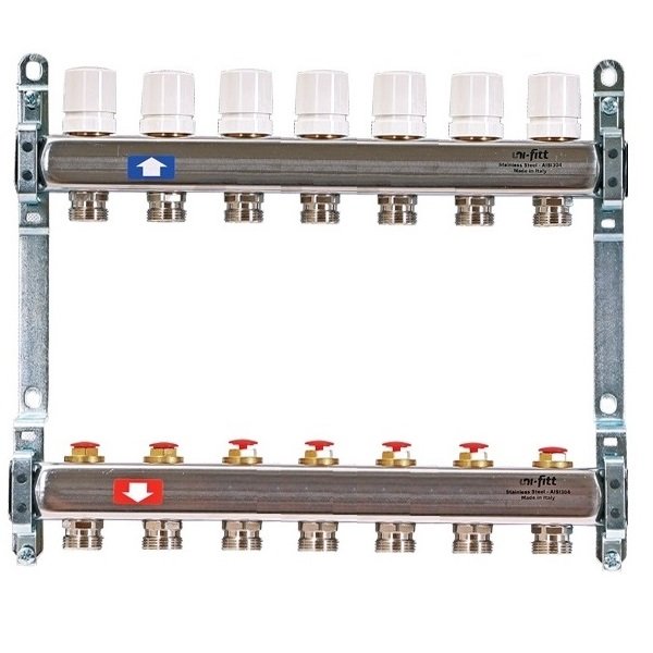 Колл. группа на 7 выходов UNI-FITT 1"x3/4" ЕК с рег. и термостатическими вентилями - нерж. сталь