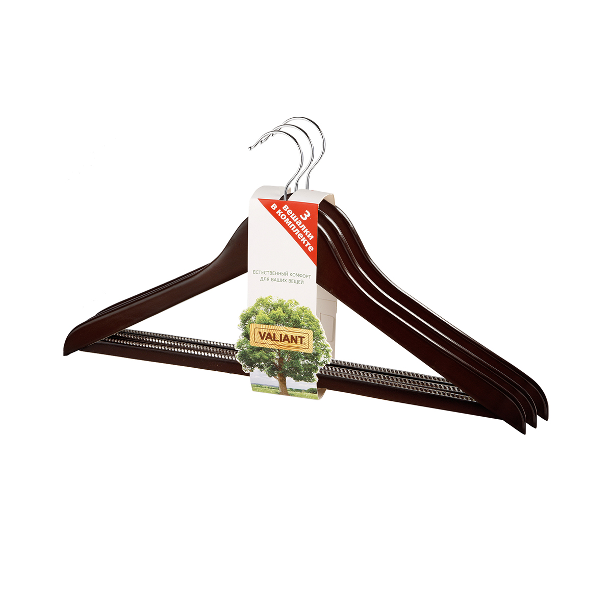 Вешалки для одежды дерев. с нескольз. перекладиной (3 шт.) коричн. (1/32) "valiant" br16613s