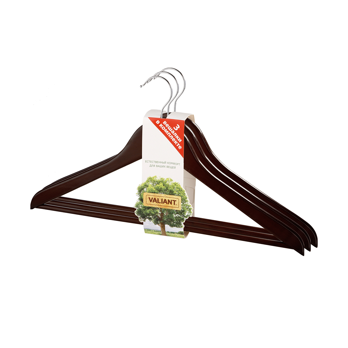 Вешалки для одежды дерев. с перекладиной (3 шт.) коричневые (1/32) "valiant" br16601s