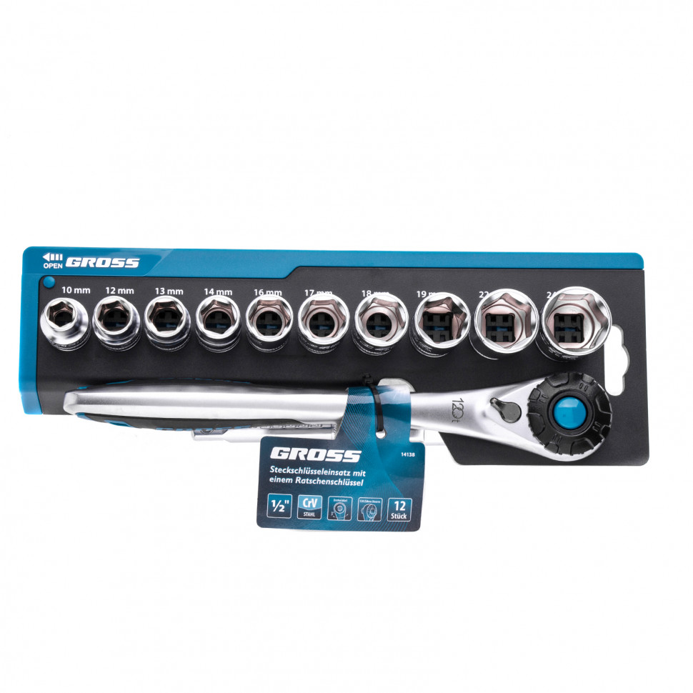Набор торцевых головок, трещотка 120 зубьев, 12 предметов, 1/2", CrV Gross (14138)