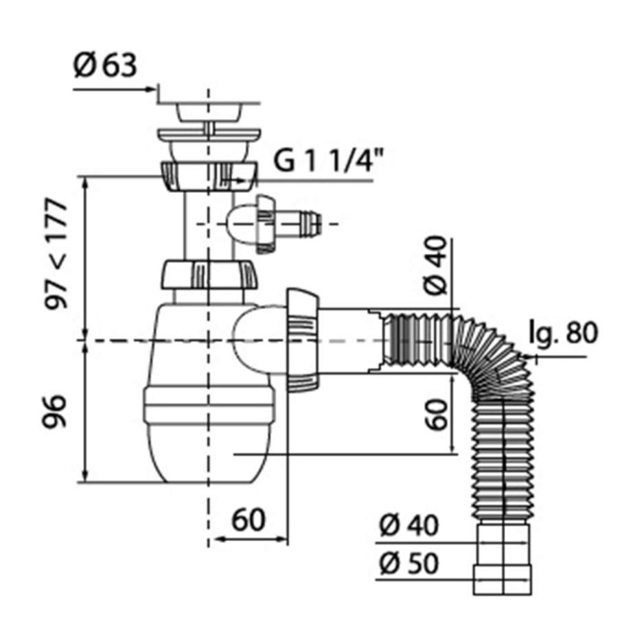 Сифон Минор с выпуском 1 1/4 х 40 мм с отводом и с гофротрубой L800 мм, 40 х 40/50 мм WIRQUIN
