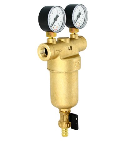 Фильтр магистральный промывной UNI-FITT 3/4" с двумя манометрами и сливным шаровым краном латунный