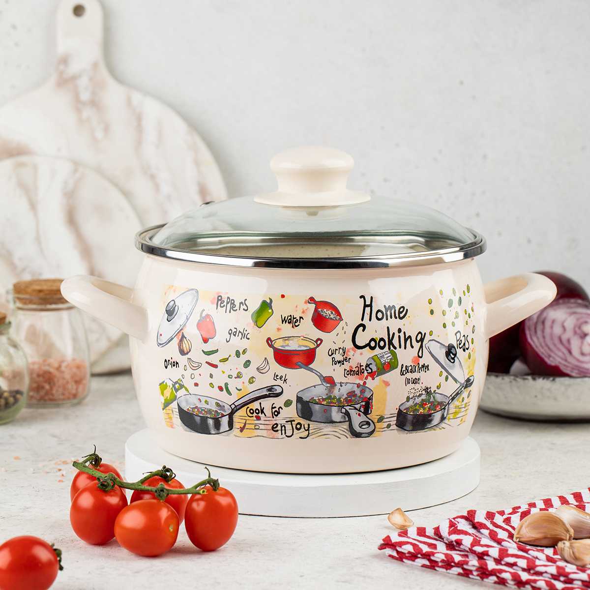 Кастрюля эмалиров. "гурман" 5,7 л, 22 см стекл. крышка (1/4) "metrot"