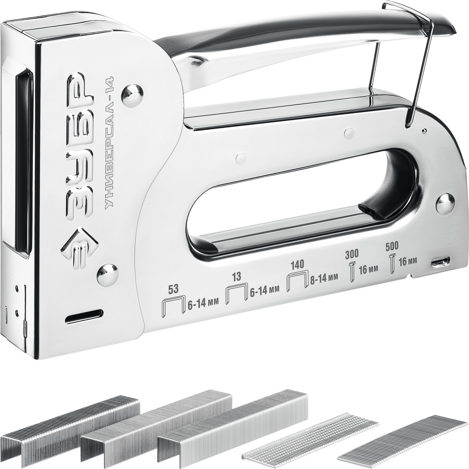 ЗУБР Универсал-14, 6-в-1: 53 (A/10/JT21) 23GA (6-14 мм)/140 (G/11/57) 20GA (8-14 мм)/53F/13/300/500, универсал стальной степлер, Профессионал (31527)