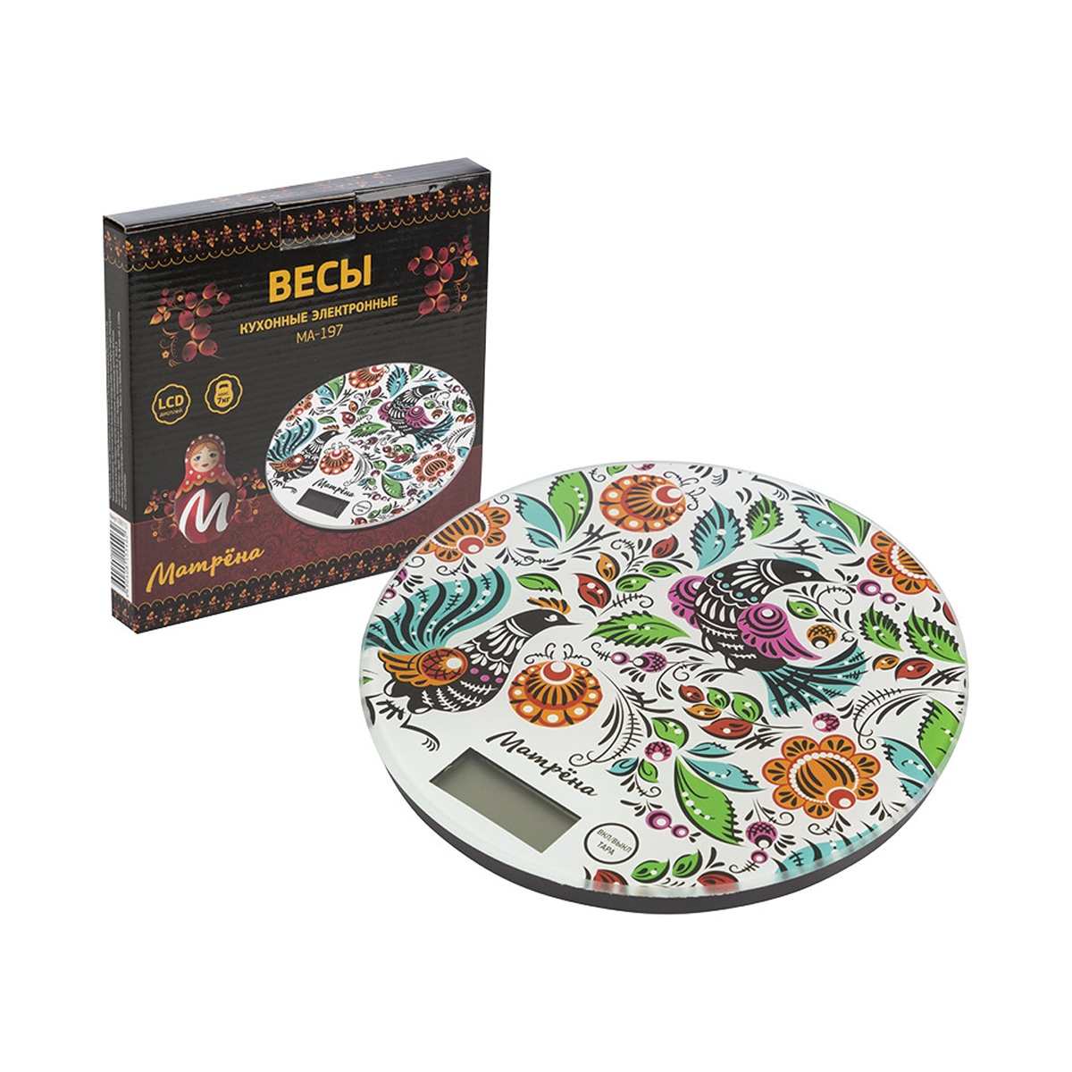 Весы кухонные электронные "матрёна" ma-197 до 7 кг (городецкая роспись) (1/20)