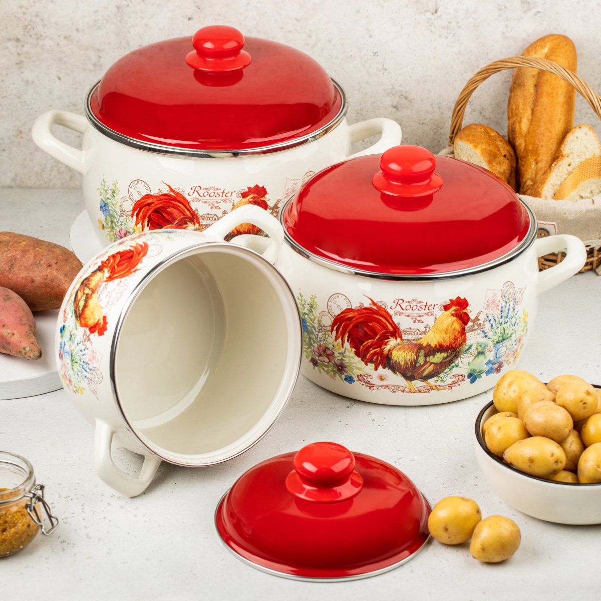 Набор кастрюль эмалиров. "золотой петушок" (2,2 + 4 + 5,3 л) (1) "metrot"