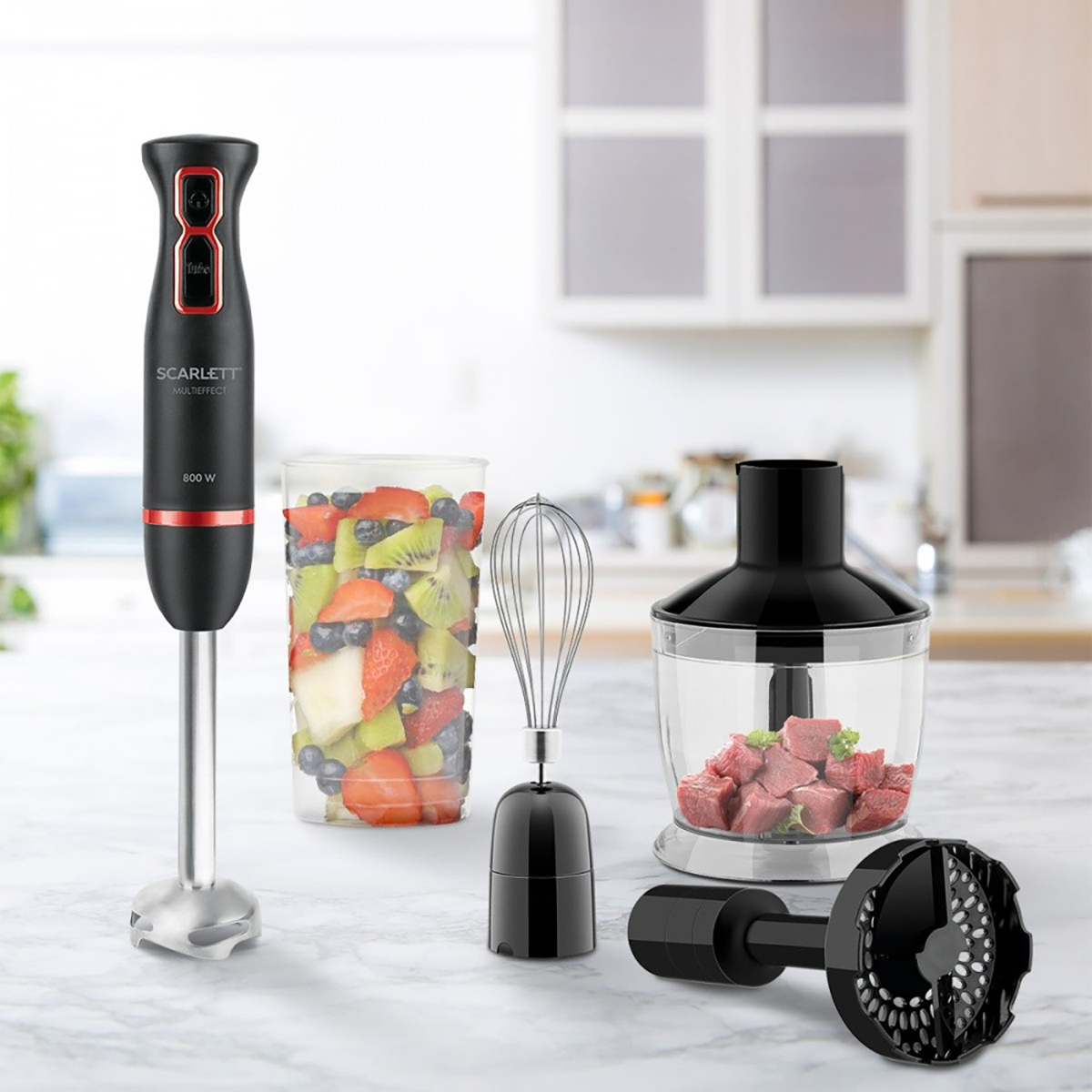 Блендер погружной sc-hb42m44  800 вт, 2 скорости (измельчитель, стакан, венчик) (1/8) "scarlett"