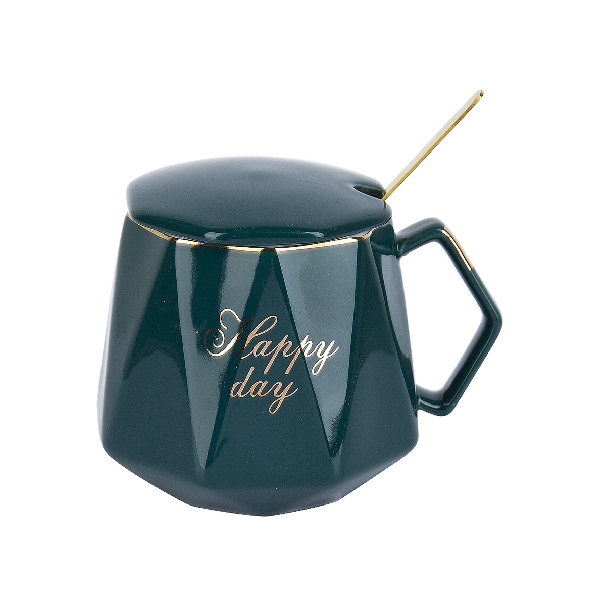 Кружка с крышкой и ложкой "happy day" 420 мл, фарфор (зеленая) (1/24) "nouvelle home" 1060061-2