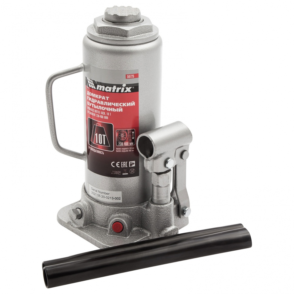 Домкрат гидравлический бутылочный, 10 т, высота подъема 230-460 мм Matrix (50725)