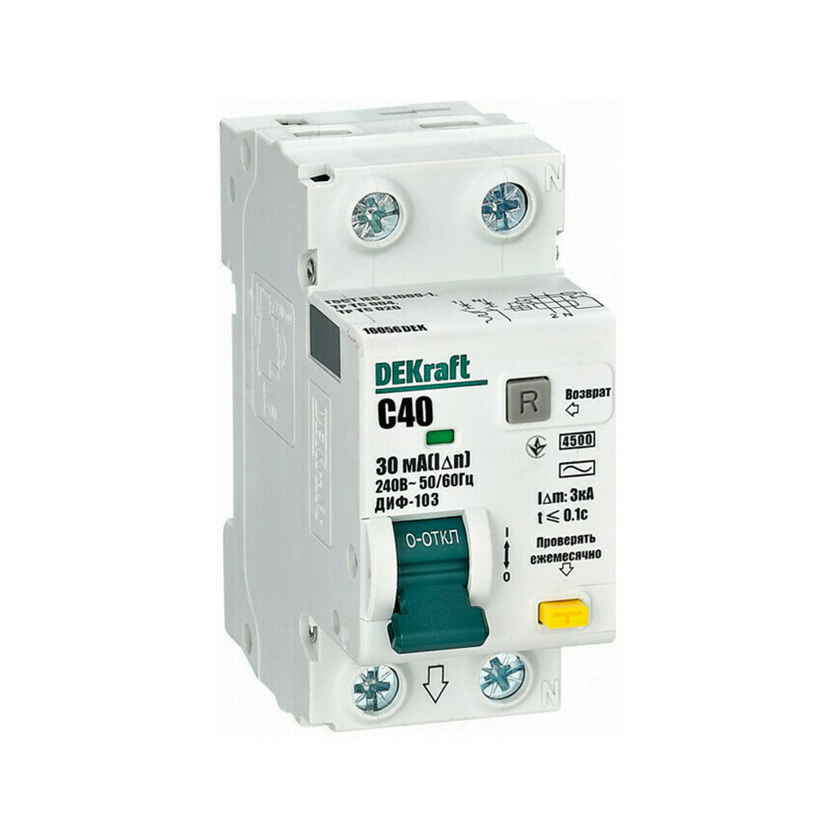 Дифференциальный автомат. выключатель авдт диф-103 (1р+n) 40а 30ма 4,5ка тип ac (1/6/72) "dekraft"