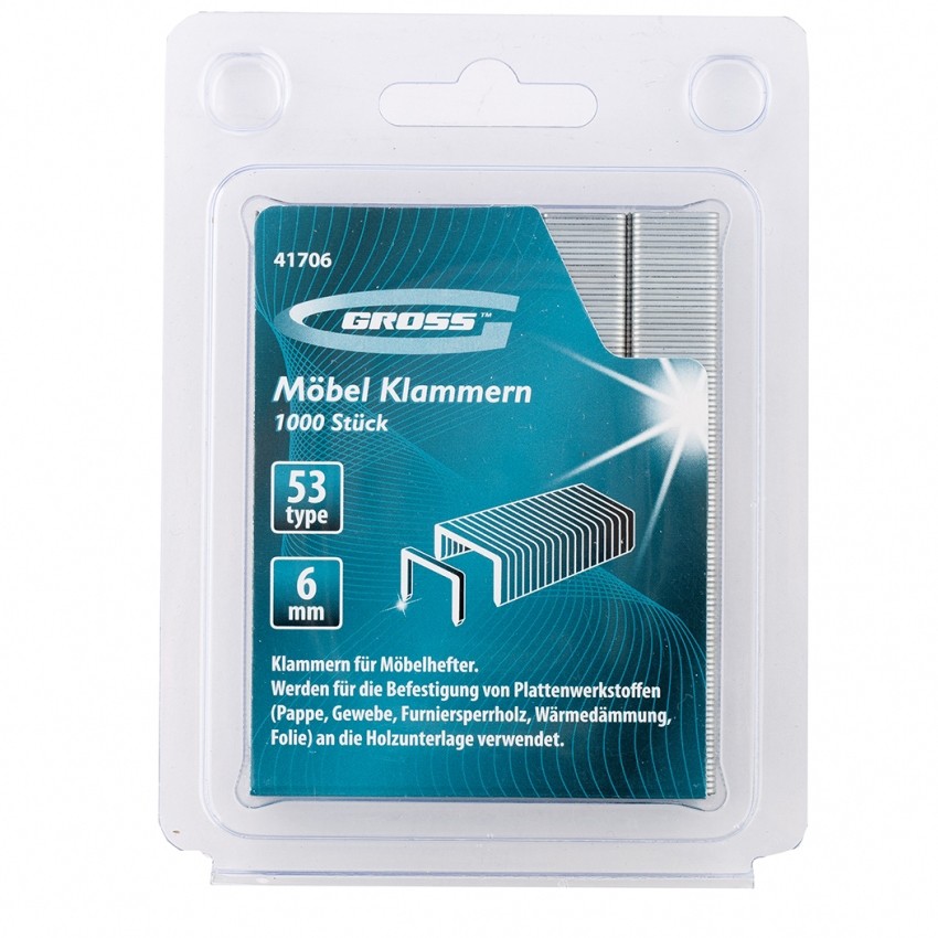 Скобы, 6 мм, для мебельного степлера усиленные, тип 53, 1000 шт Gross (41706)