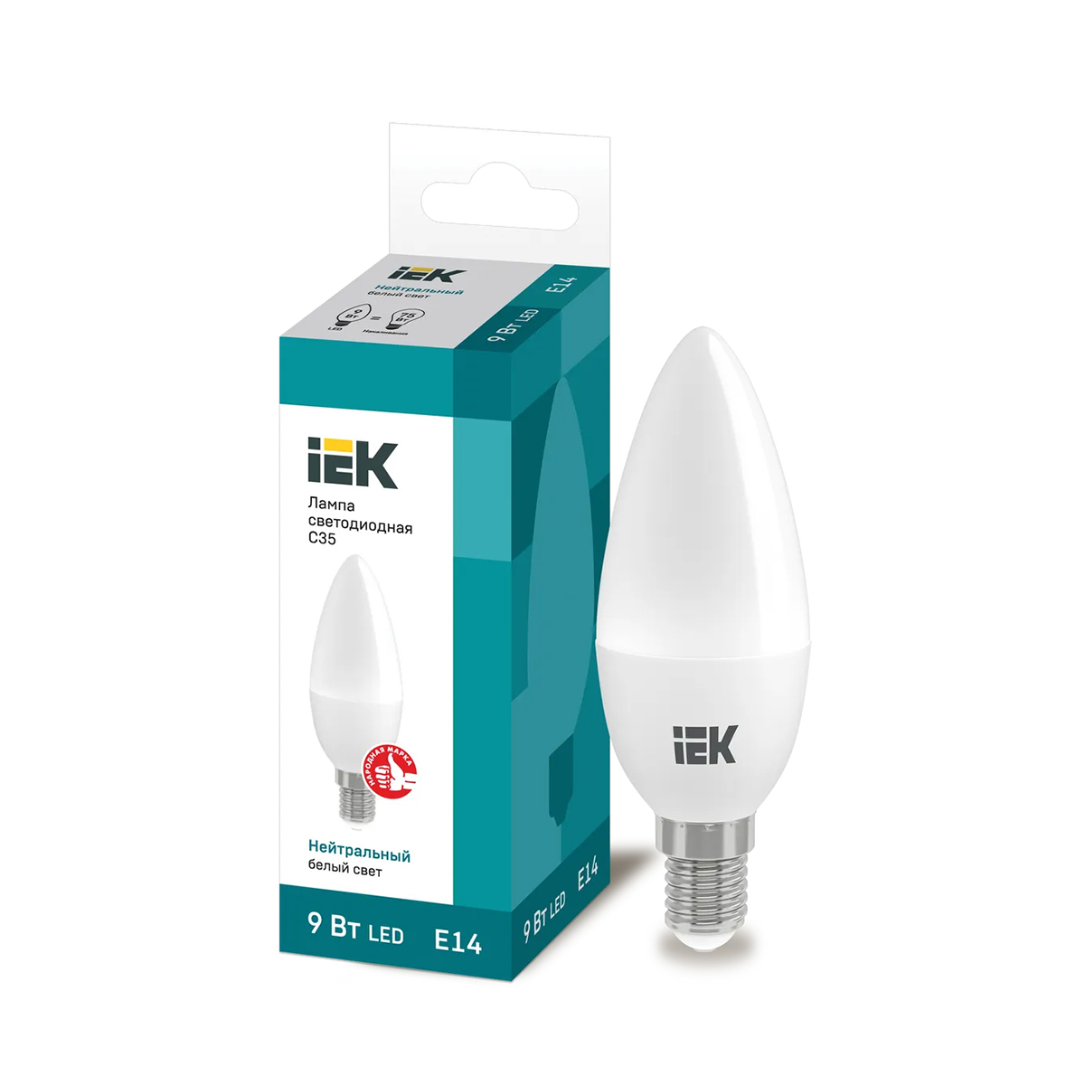 Лампа светодиодная (led) "iek" c35 свеча 09w 4000 к e14, нейтрал. свет (10/100)