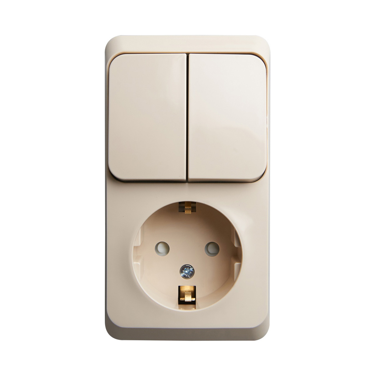 Блок комб. откр. уст. "этюд" 2-х кл. выкл. + розетка с заземл. и шторк., крем. (1/10/80) "schneider"