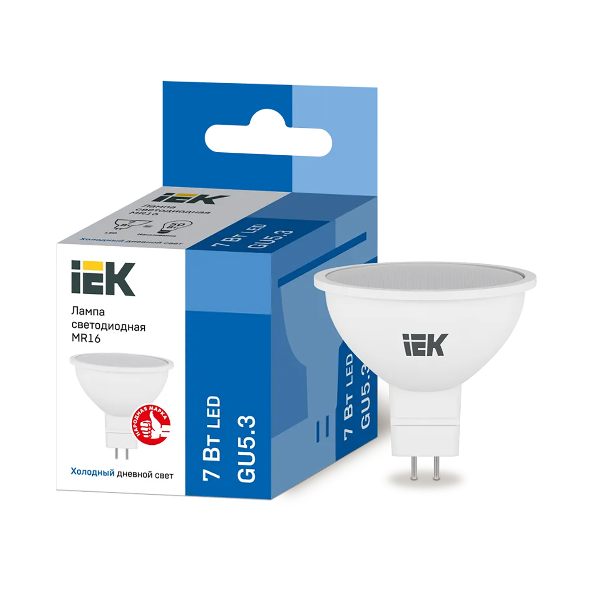 Лампа светодиодная (led) "iek" mr16 софит 07w 6500 к gu5.3, холод. свет (10/200)