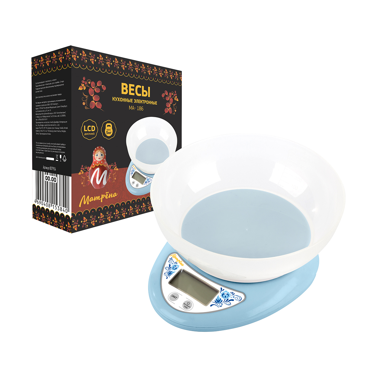 Весы кухонные электронные "матрёна" ма-186  до 5 кг, чаша круглая (1/40)