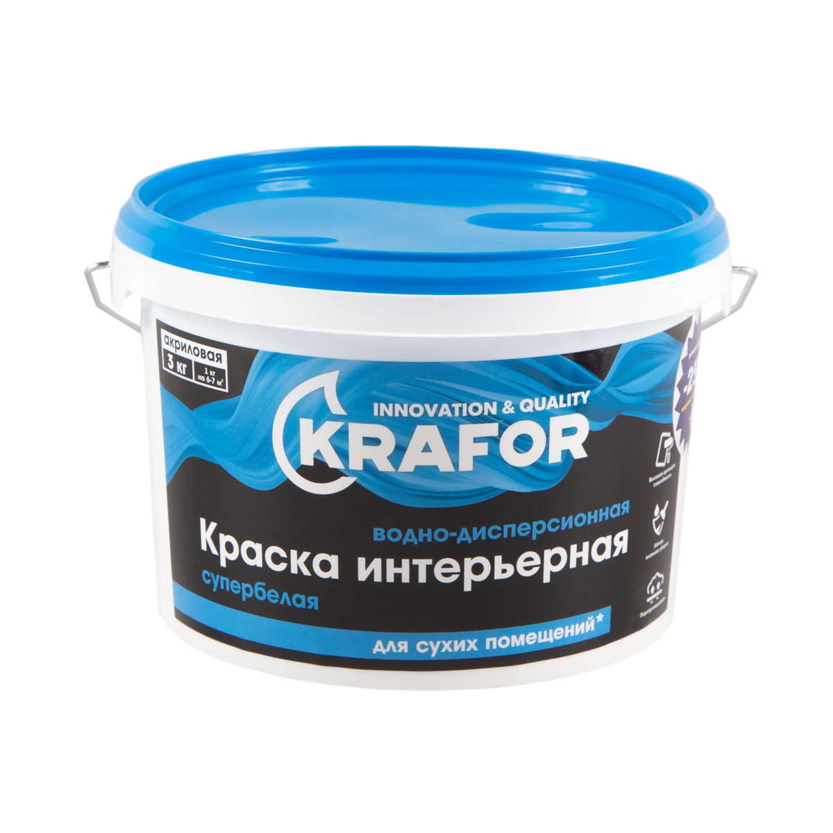 Краска в/д интер.  супербелая  3 кг (1) "krafor"   (син.)