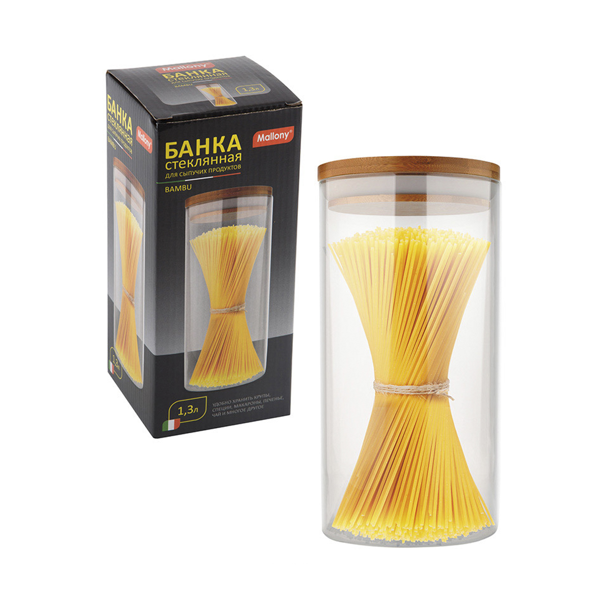 Банка для сыпучих продуктов "bambu" 1,3 л стекло, крышка бамбук (1/30) "mallony"