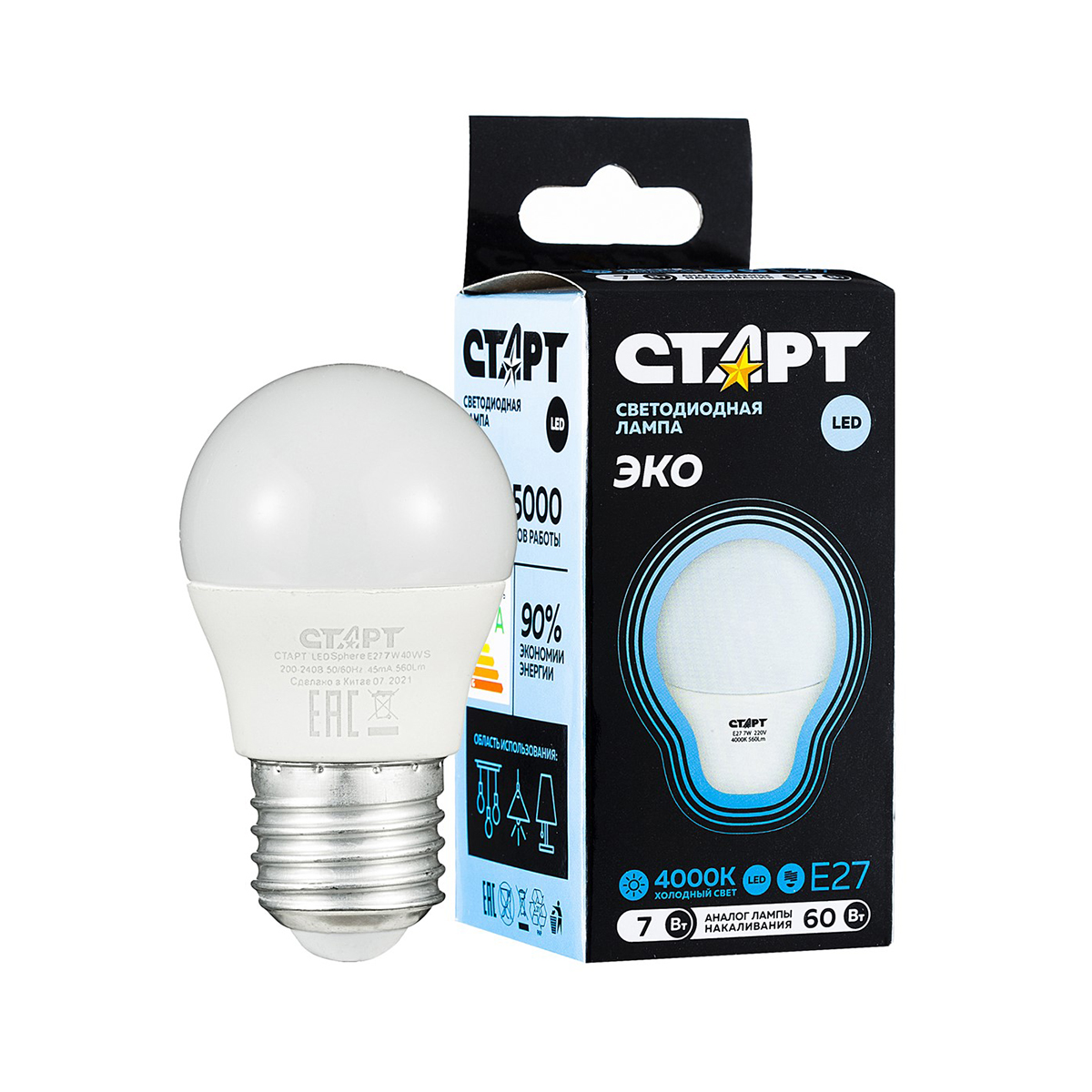 Лампа светодиодная "старт эко" шарик 7w 4000 к  e27, хол. свет (10/100)