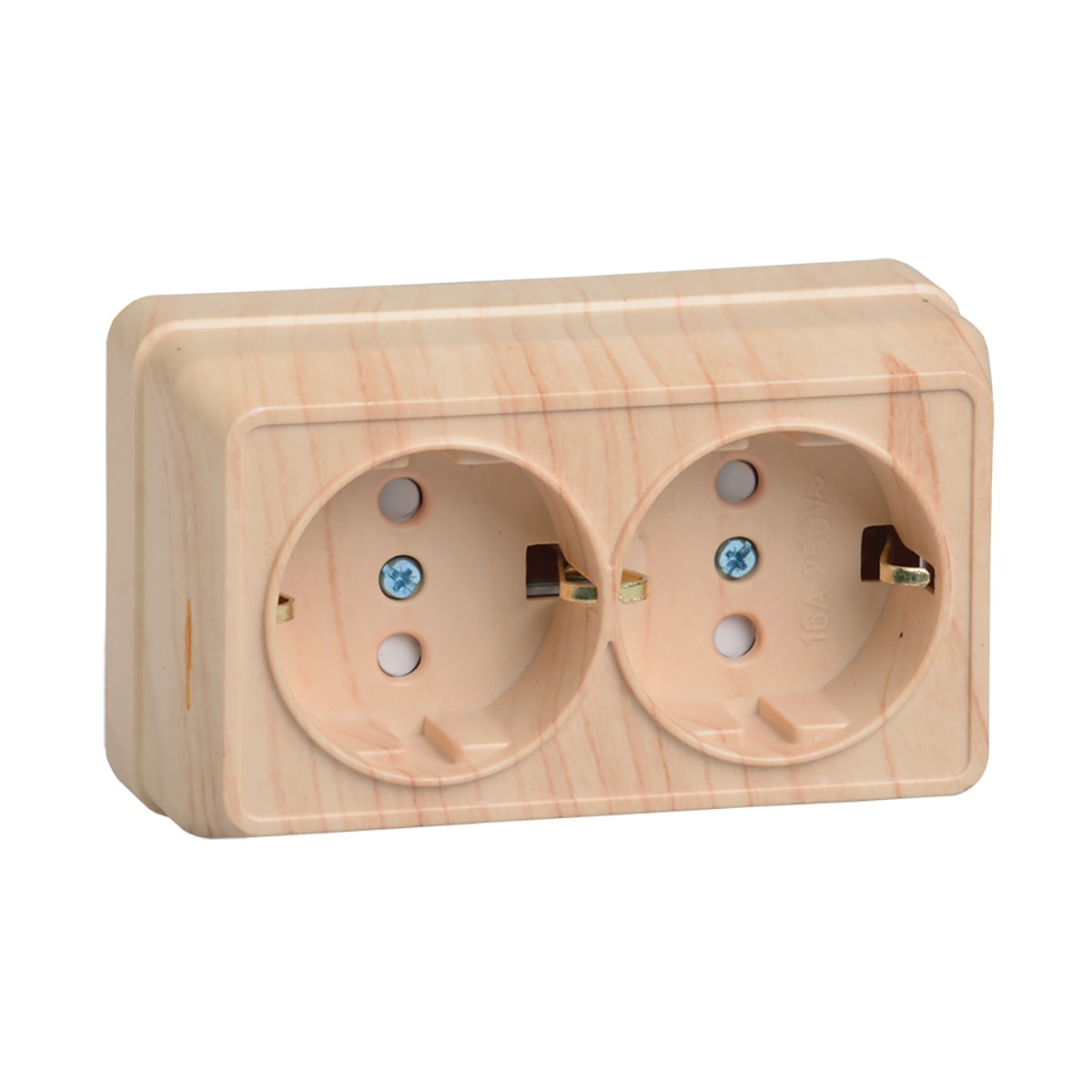 Розетка открыт. уст. "октава" 2-х местн. с заземл, с шторк. рсш22-3-ос, 16а, сосна (1/18/216) "iek"