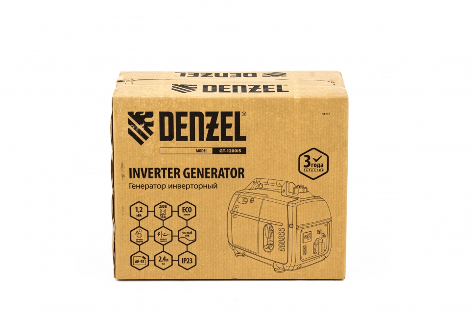 Генератор инверторный GT-1200iS, 1.2 кВт, 230 В, бак 2.4 л, закрытый корпус, ручной старт Denzel (94701)
