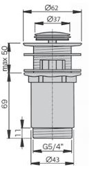 Водослив для умывальника click/clack 1"1/4, цельнометалл. с квадратной заглушкой M1104 MIANO