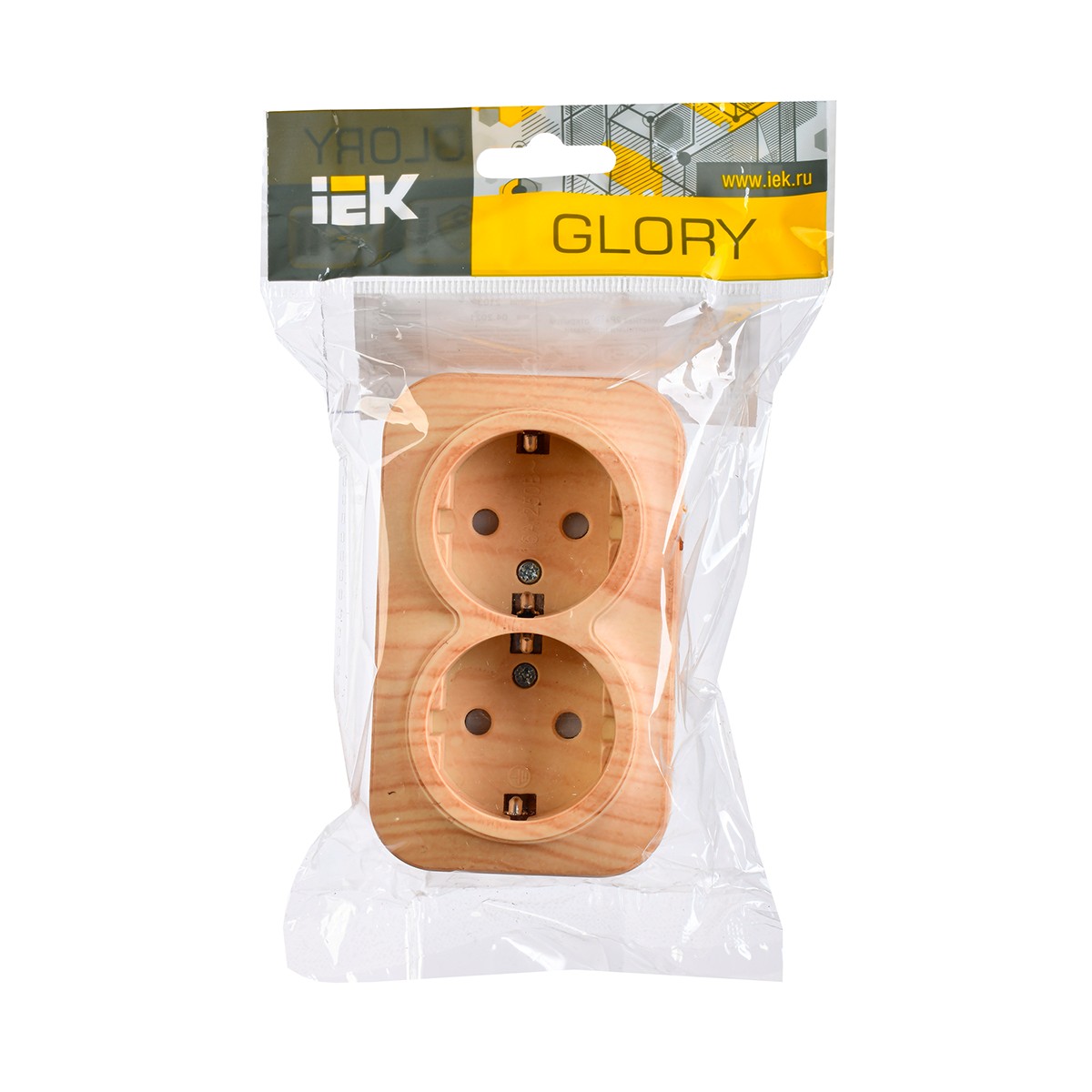 Розетка открыт. уст. "glory" 2-х местн. с заземл, с шторк. рсш22-3-хс, 16а, сосна (1/18/216) "iek"