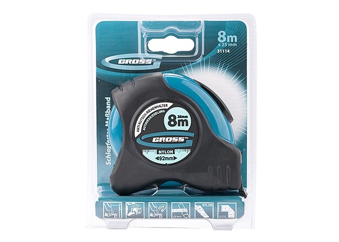 Рулетка "Schlagfest", 8 м x 25 мм, магнитный обрезиненный зацеп, двусторонняя шкала, Нейлоновое покрытие, автоматическая фиксация Gross (31114)