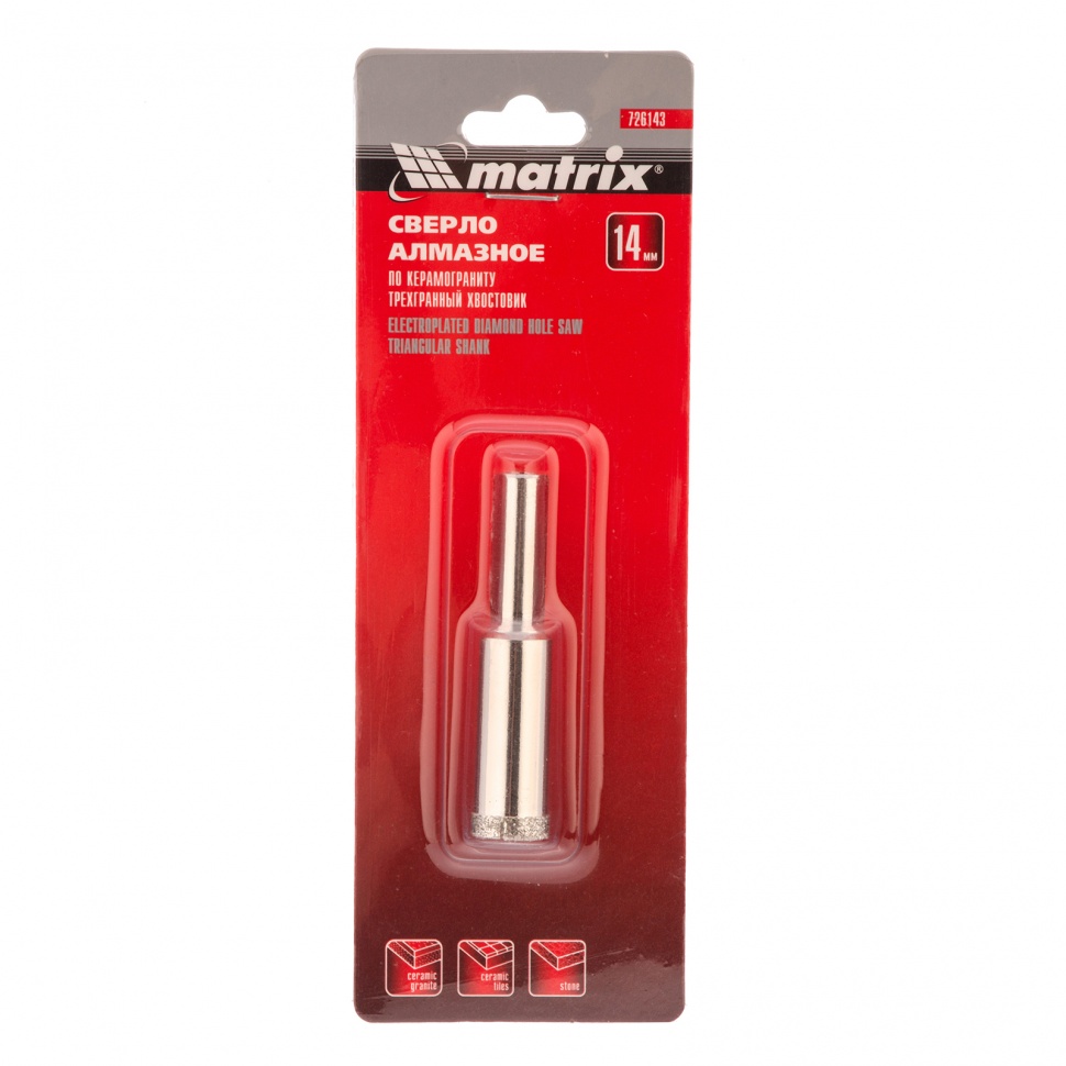 Сверло алмазное по керамограниту, 14 х 67 мм, трехгранный хвостовик Matrix (726143)
