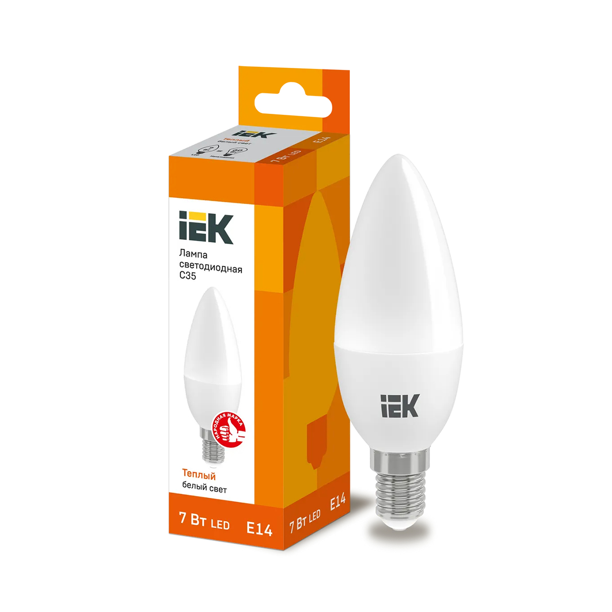 Лампа светодиодная (led) "iek" c35 свеча 07w 3000 к e14, тепл. свет (10/100)