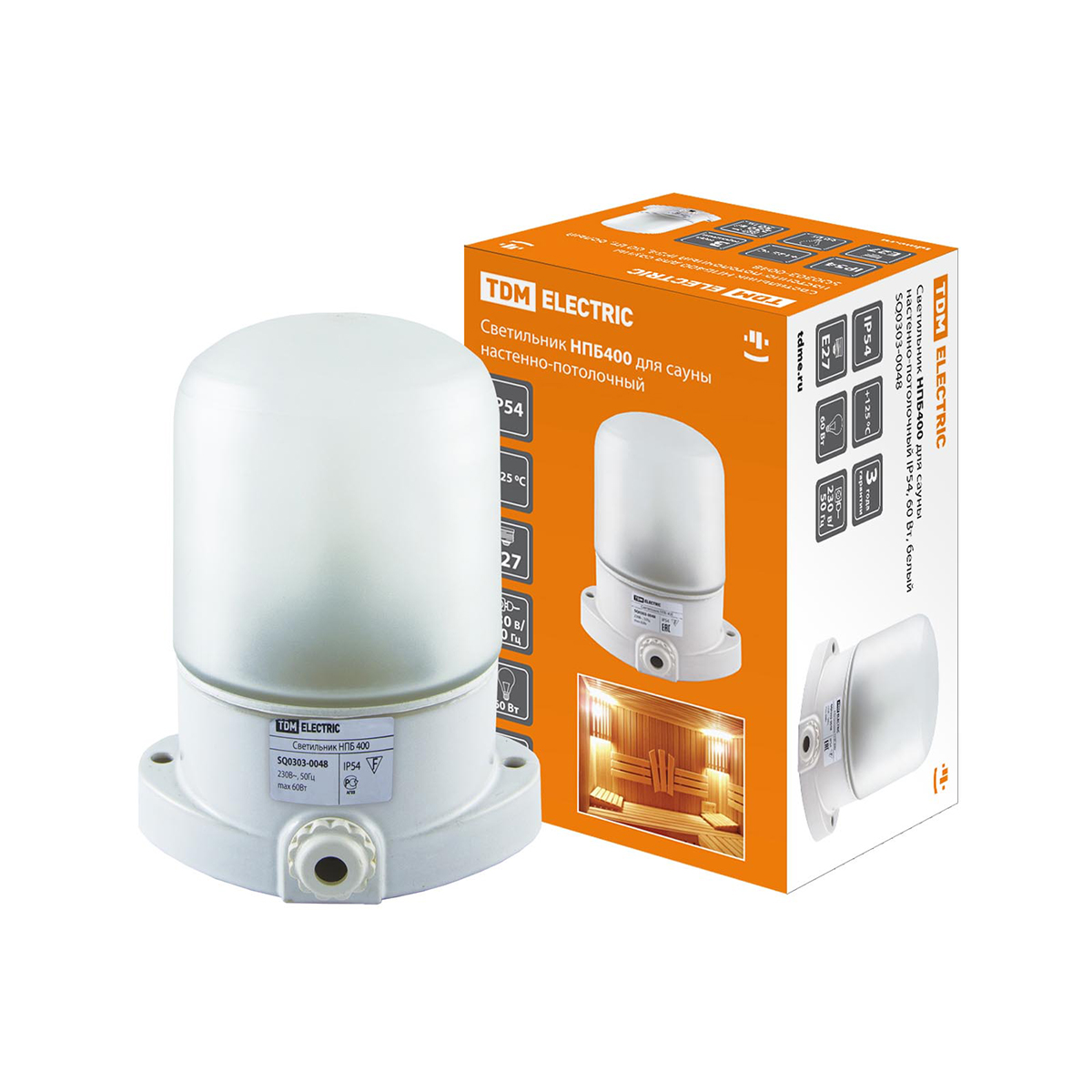 Светильник для сауны нпб400 настенно-потолочный  ip54, 60 вт, белый (1/16) tdm sq0303-0048