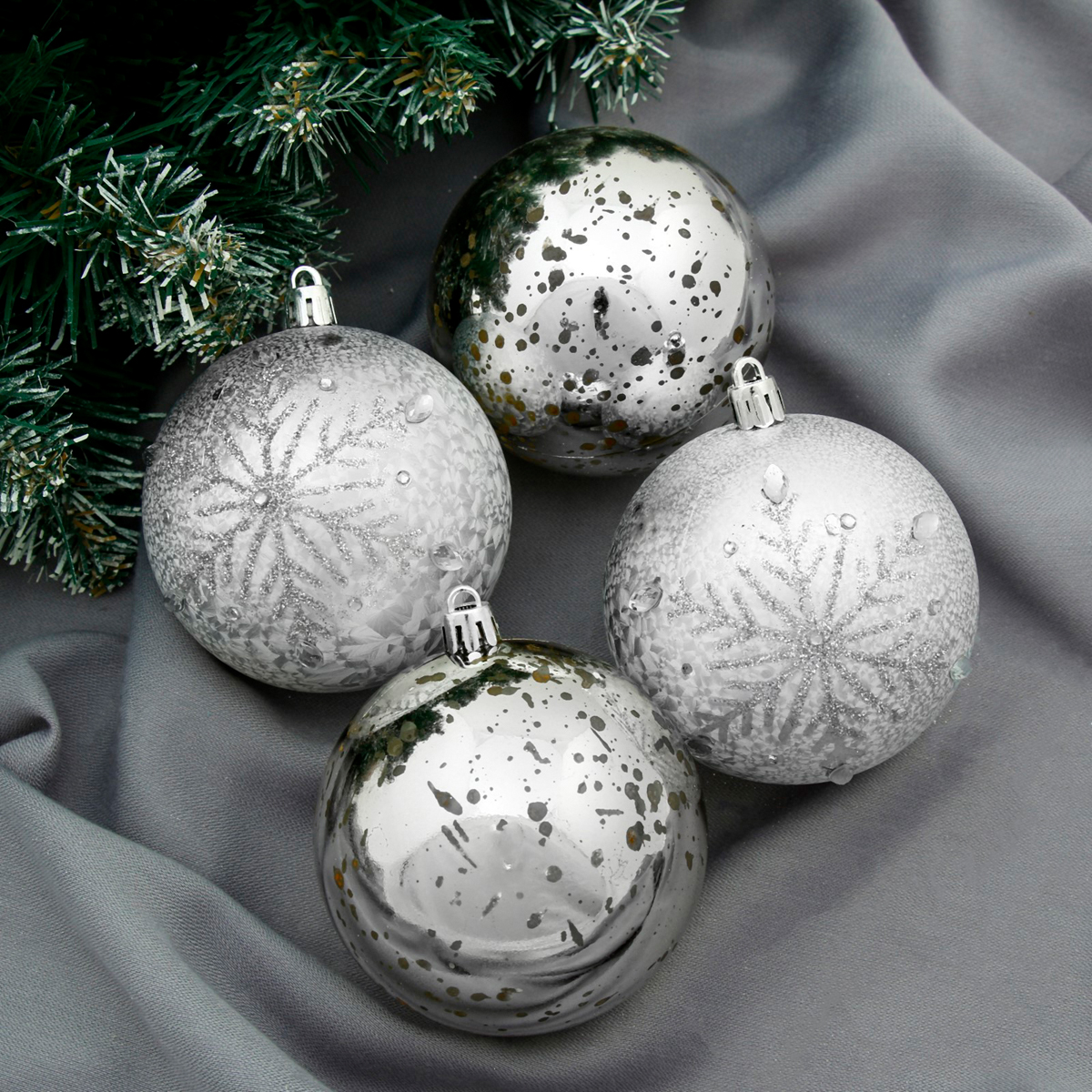 Шары новогодние d-8 см (набор 4 шт.) "кракле капель" серебро "зимнее волшебство" 4250852