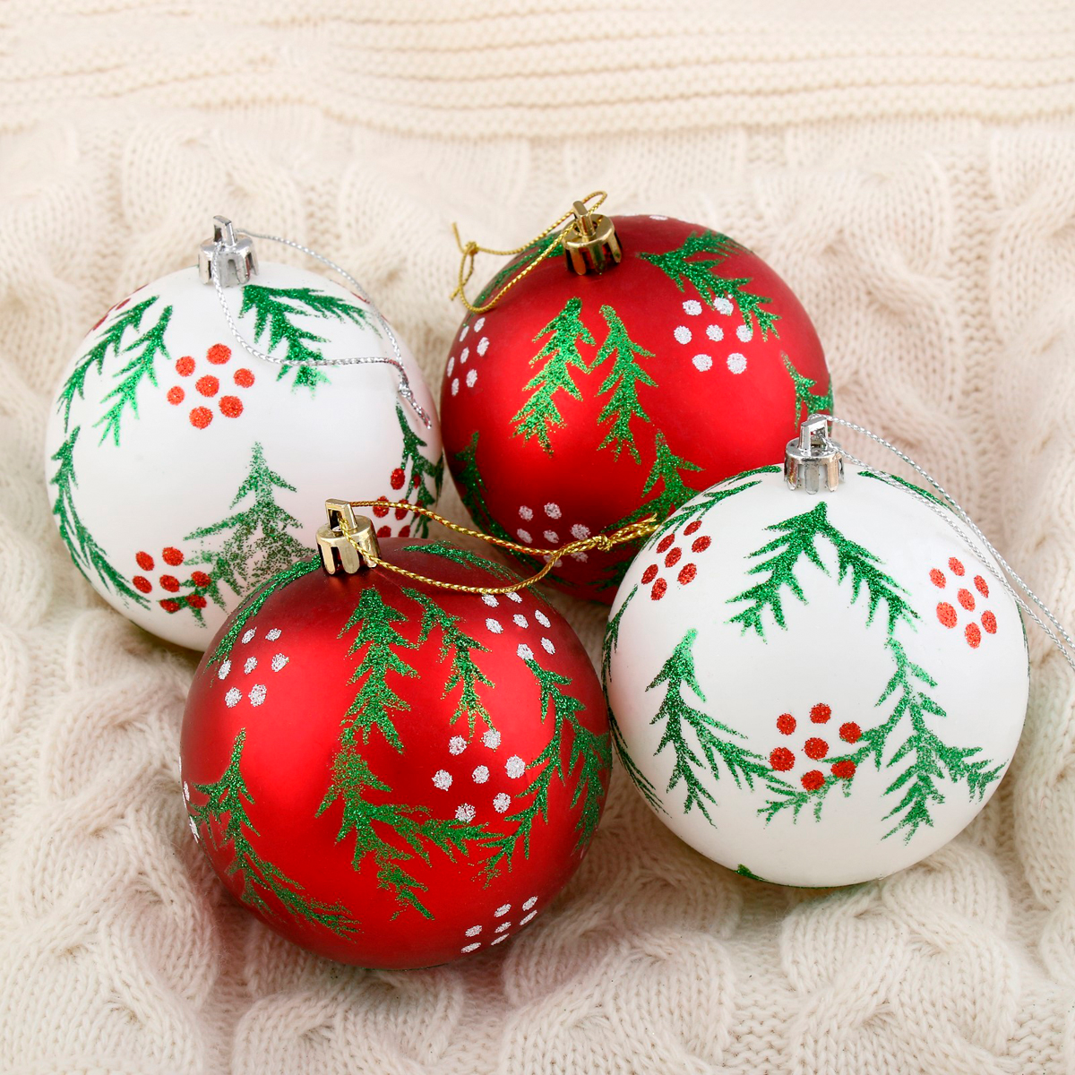 Шары новогодние d-8 см (набор 4 шт.) "еловые веточки" красно-белый 4192484