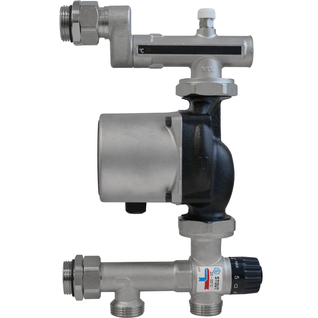 Смесительный узел STOUT 1" с термостатическим клапаном и насосом UPSO, никелированный