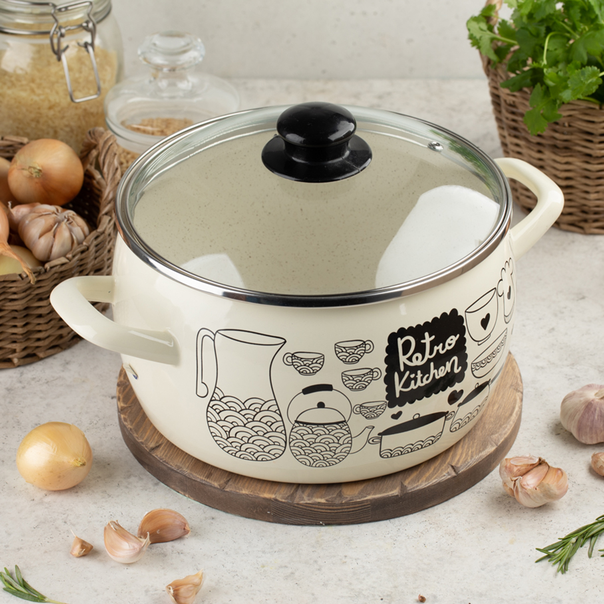 Кастрюля эмалиров. "ретро" 2,4 л, 16 см стекл. крышка (1/4) "metrot"