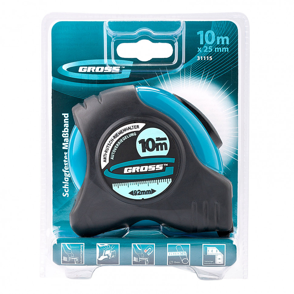Рулетка "Schlagfest", 10 м x 25 мм, магнитный обрезиненный зацеп, двусторонняя шкала, автоматическая фиксация Gross (31115)
