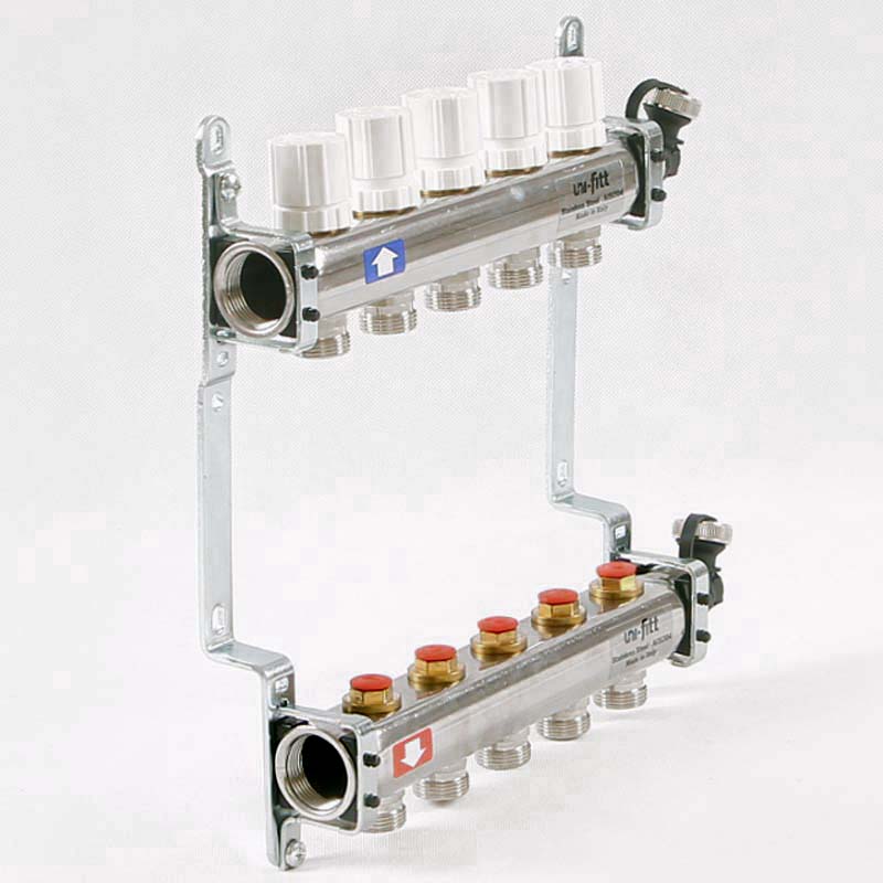 Колл. группа UNI-FITT 1"x3/4" ЕК 5 выходов с вентилями и дренажными клапанами - нерж.сталь