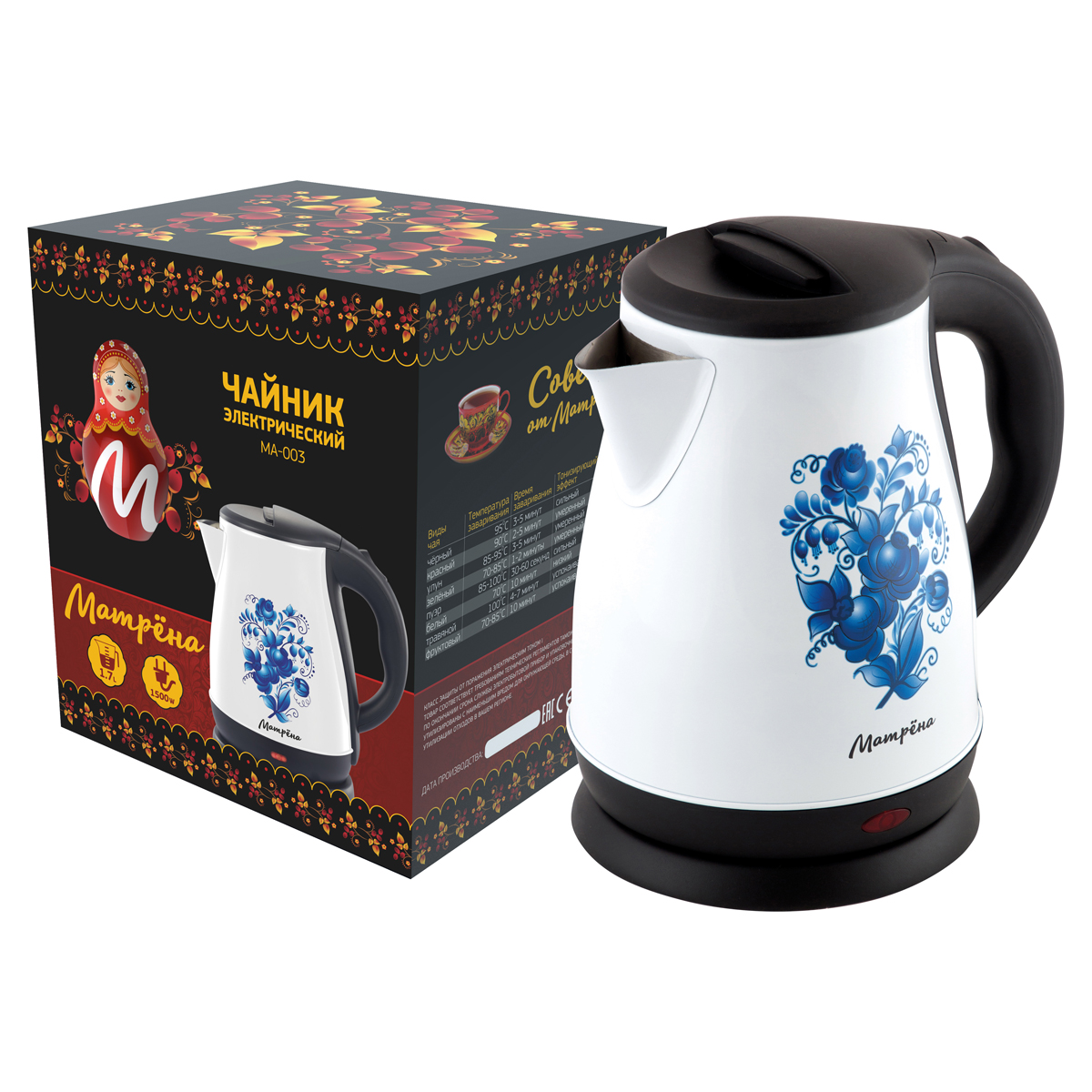 Чайник электр. "матрёна" ma-003 1,7 л (1/12) сталь (белый, гжель)