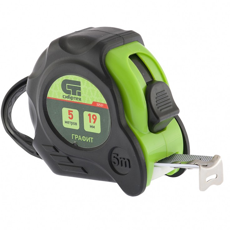 Рулетка Графит, обрезиненный корпус, амортизатор, 5 м х 19 мм Сибртех (32531)