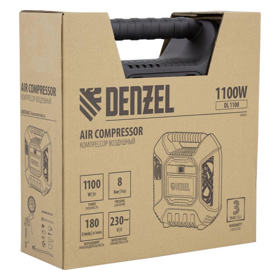 Компрессор воздушный DL1100 1.1 кВт, 180 л/мин, с набором аксессуаров Denzel (58005)
