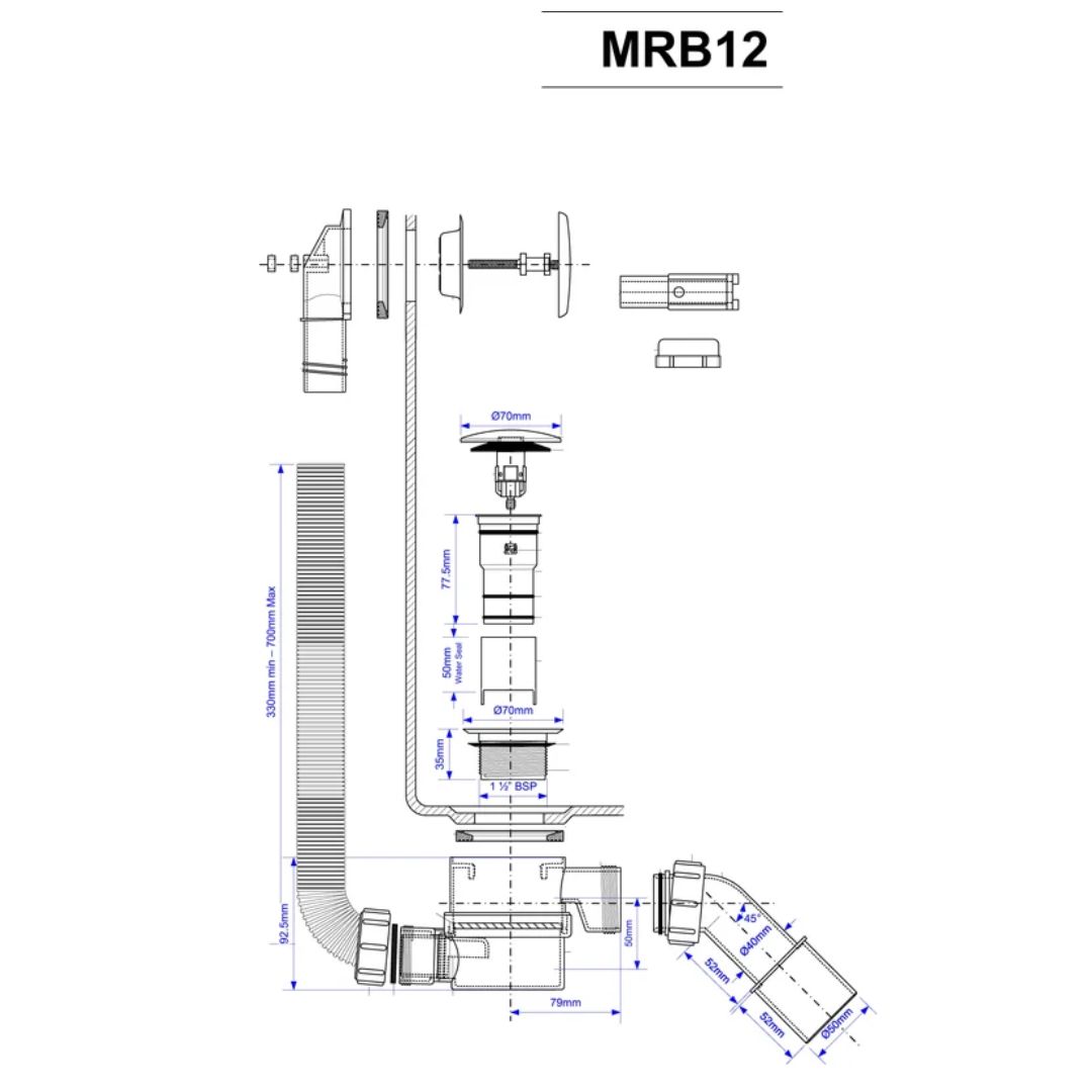 Слив-перелив McALPINE L=700 х 34 мм, гидрозатвор 50 мм, выход 40/50 мм