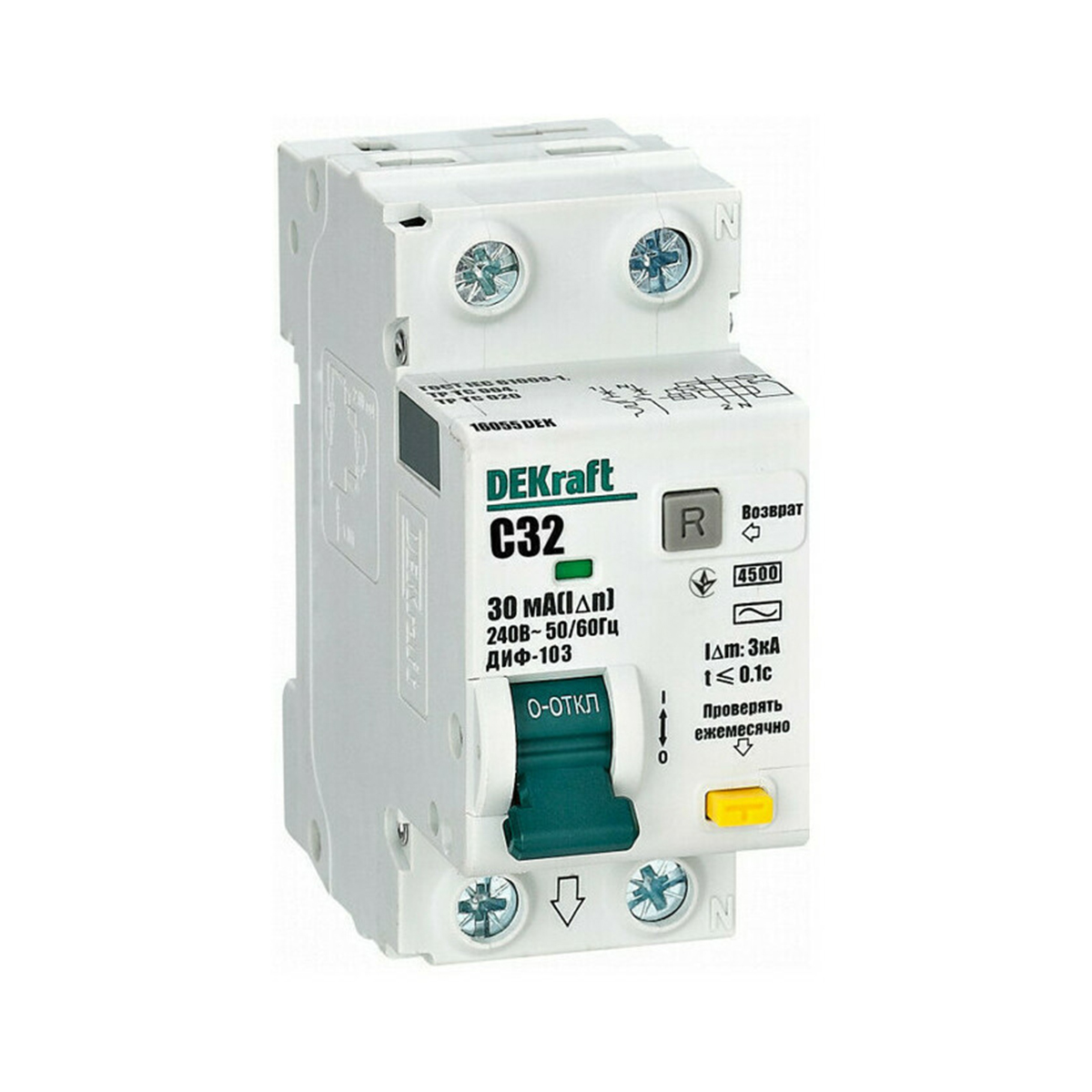 Дифференциальный автомат. выключатель авдт диф-103 (1р+n) 32а 30ма 4,5ка тип ac (1/6/72) "dekraft"