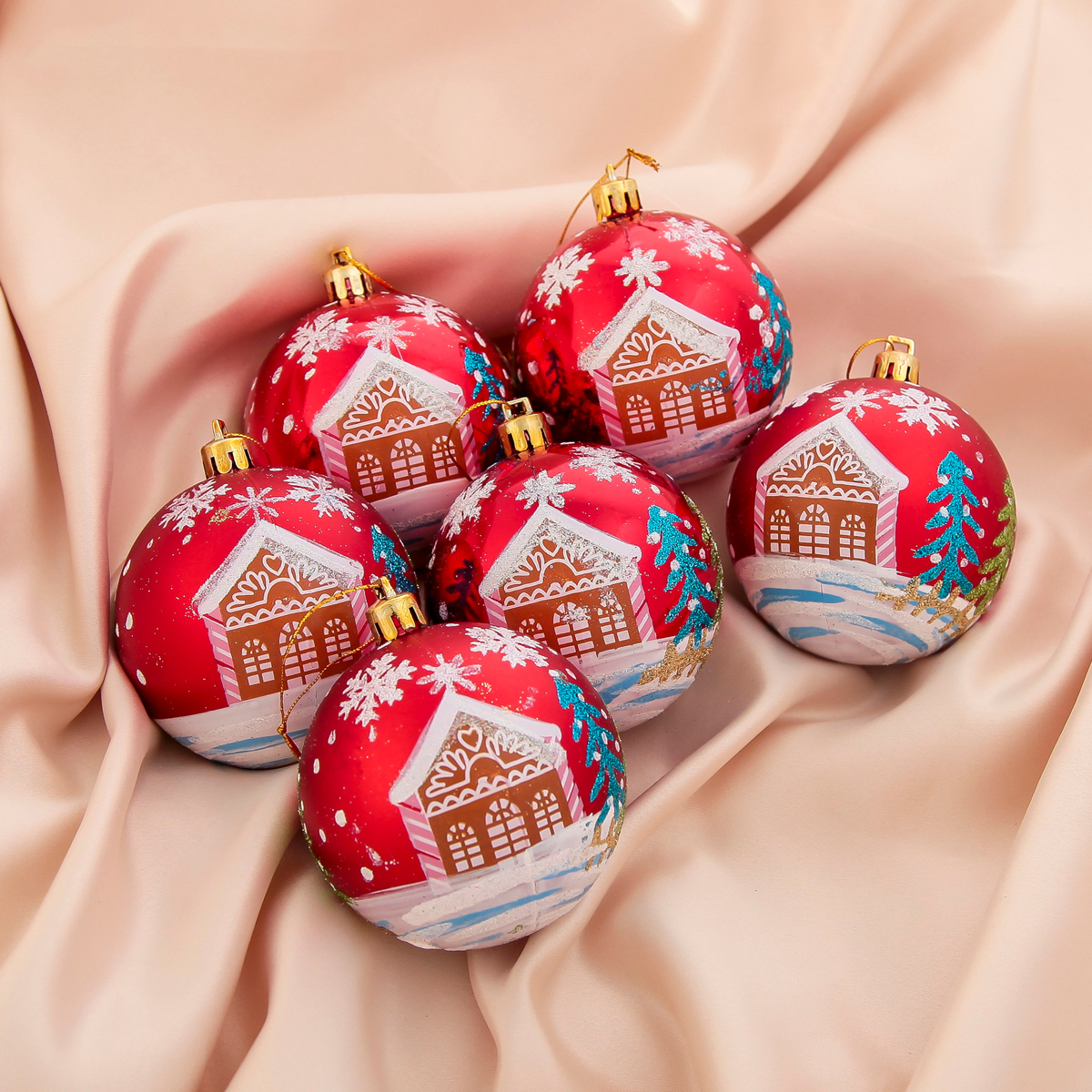 Шары новогодние d-7 см (набор 6 шт.) "домик" красный  "зимнее волшебство" 2122958