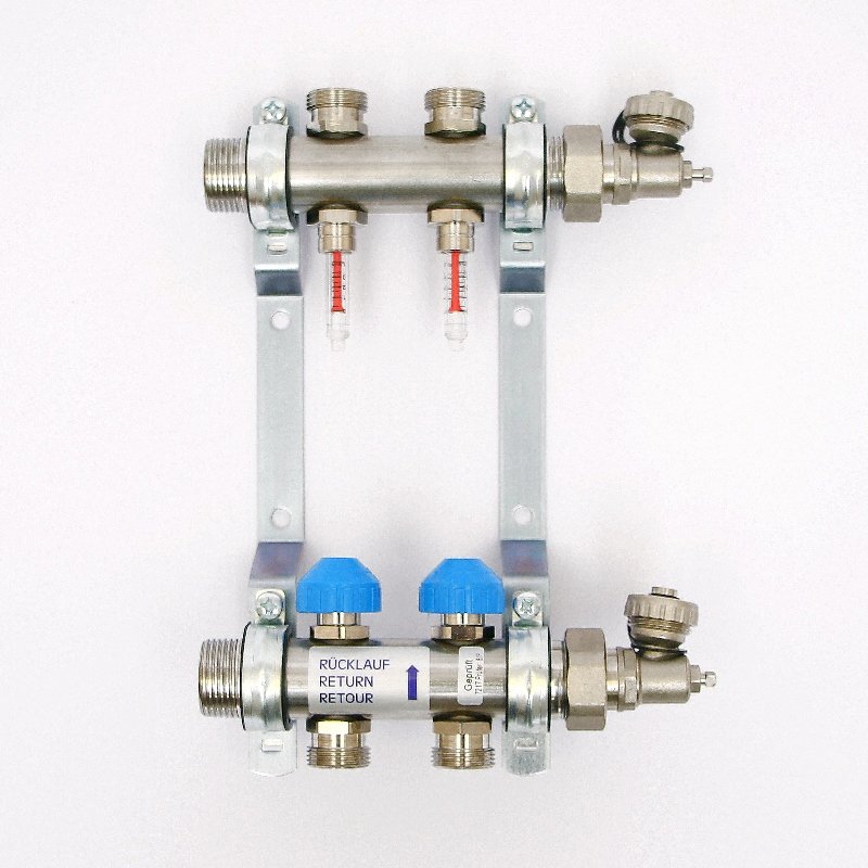 Коллекторная группа на 2 выхода 1'х3/4" ЕК UNI-FITT из нержавейки с расходомерами (Германия)
