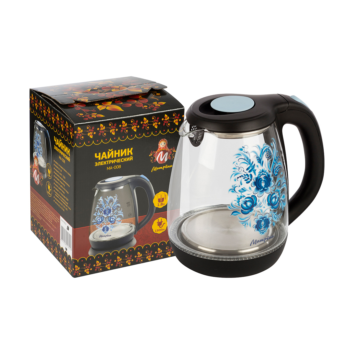 Чайник электр. "матрёна" ma-008 1,8 л (1/12) стекло, пластик (черный, гжель)